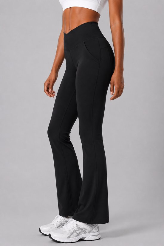 SparkNine Vivaflow flare broek dames - stijlvol V-design - M - zwart - ademend met uitlopende pijpen - sneldrogend & ademend - stretch van Merkloos — afbeelding 2