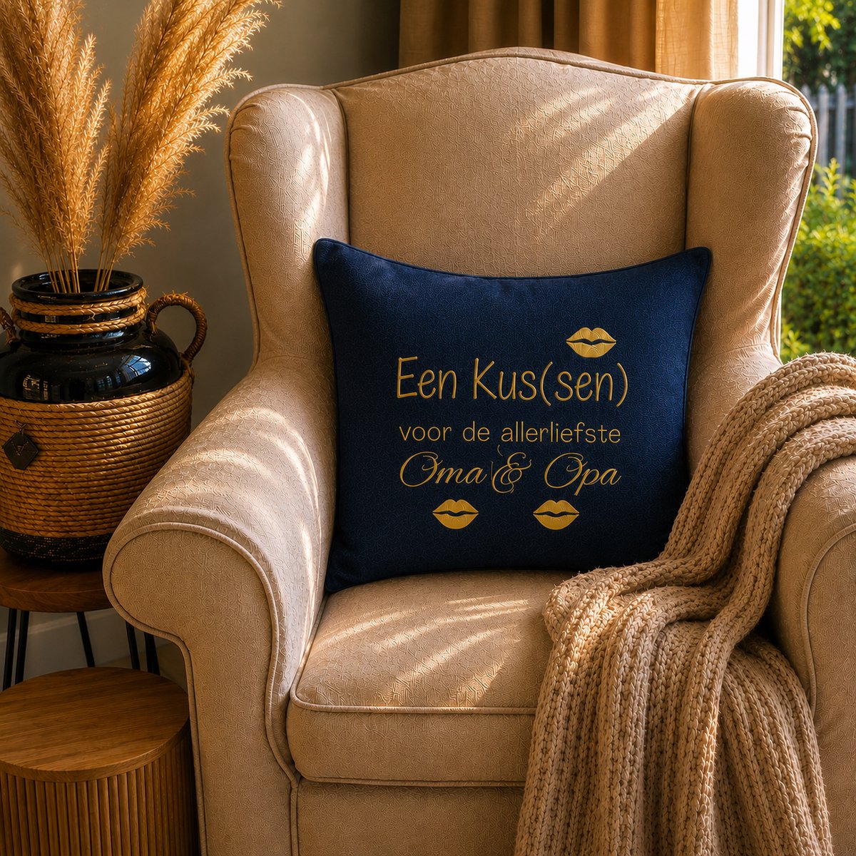 Maison Marcella Kussen Kussenhoes met vulling grappige tekst cadeau voor | een kussen voor de allerliefste opa en oma | blauw met opdruk goud | 50x50 cm | plekje moederdag vaderdag verjaardag vader moeder hoera jullie worden | tekstbord ouders