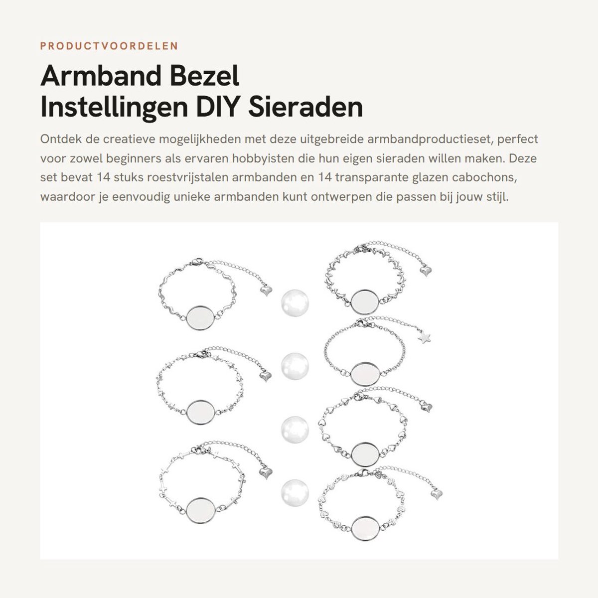 Dailygoods- Armband Set 28 Stuks - 14 Rvs Bezel Armbanden - 14 Glazen