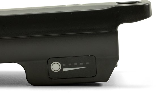 Zwarte fietsaccu met aan de zijkant een batterij-indicator met 4 streepjes.