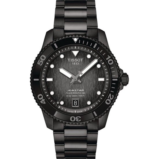 Zwarte Tissot Seastar duikhorloge met zilverkleurige wijzers, datumvenster en gestructureerd grijs uurwerk.