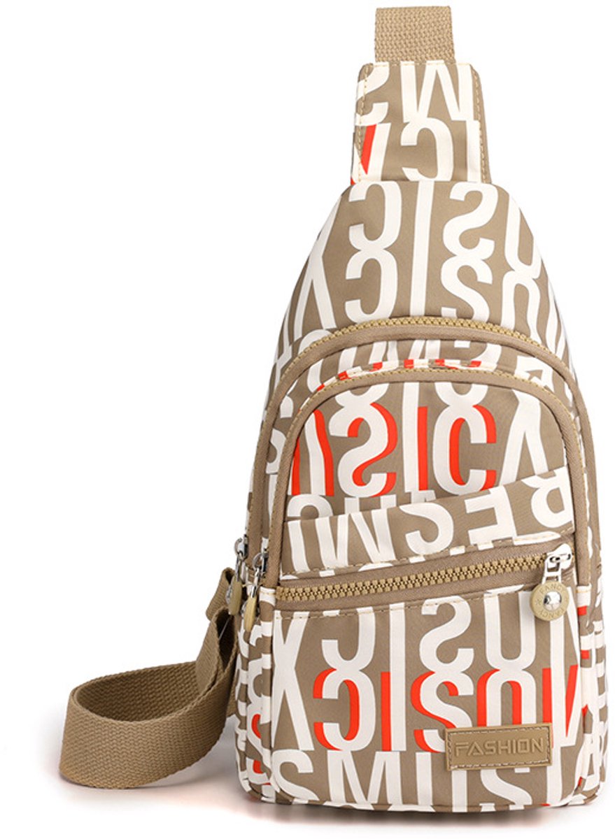 COOAU - Kleine schouder/crossbodytas - 5 opbergvakken en kabelopening - Schoudertas, crossbodytas, heuptas, crossbody - Dames & Heren - Khaki letters