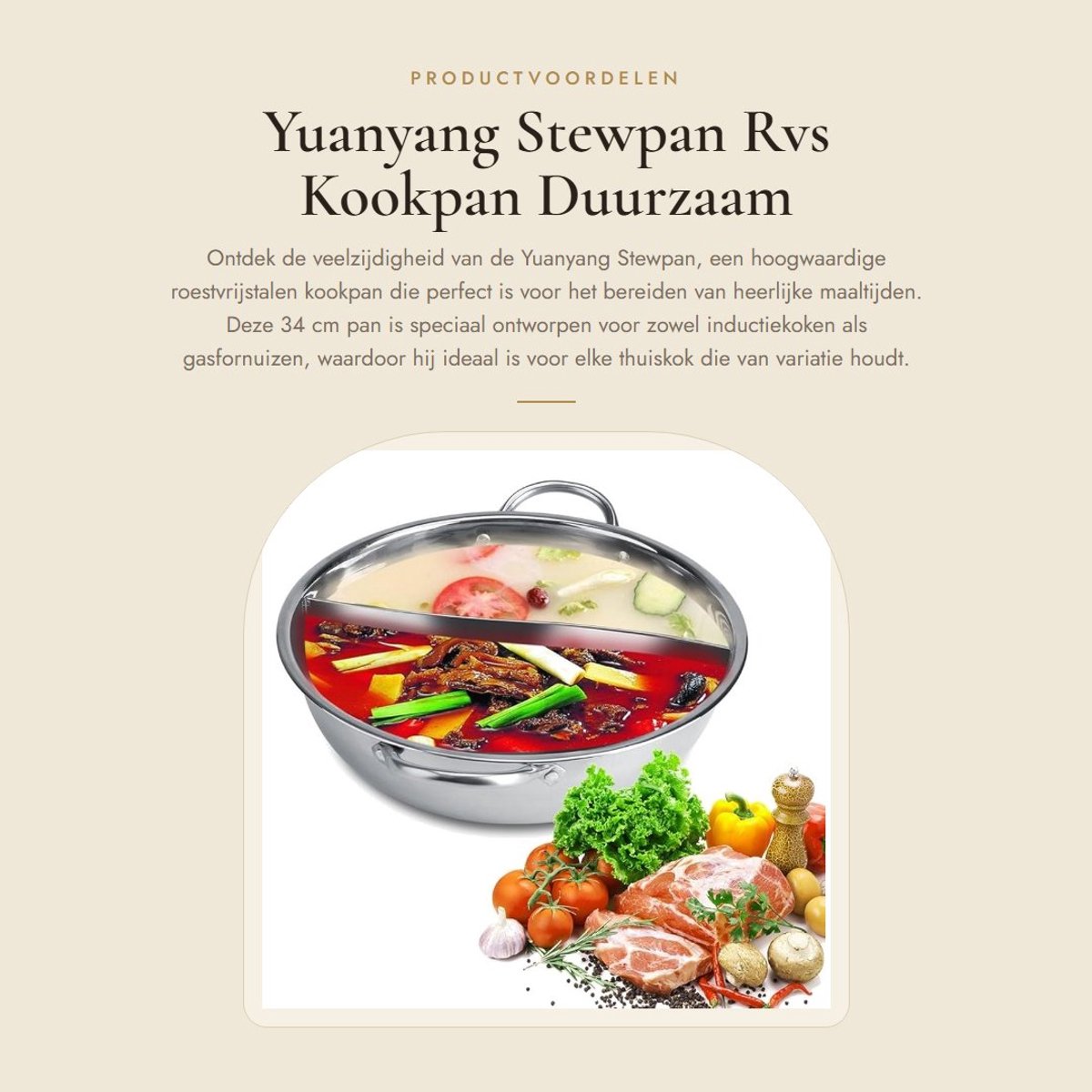 Dailygoods- Kookpan 34 cm - Roestvrij Stalen Kookpan - Inductiekookplaat Veilig - Dubbelzijdig - Lichtgewicht - Antiaanbaklaag - Hotpot