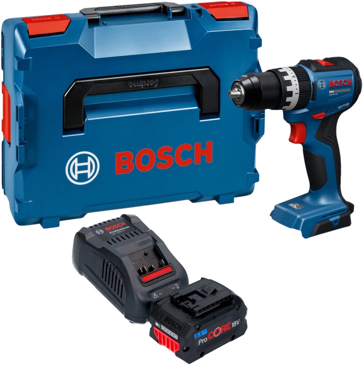 Bosch GSB 18V-52 Professional accu-slagboormachine 18 V 70 Nm borstelloos + 1x ProCORE-accu 5,5 Ah + oplader + L-Boxx