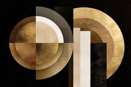 K&C Art (Aluminium schilderij) 90x60cm | Abstract geometrische vormen - zwart - goud - beige - bruin - wit - modern - kunst | Woonkamer - slaapkamer - hal - kantoor | Foto schilderij print op dibond - wanddecoratie - muurdecoratie - wall art