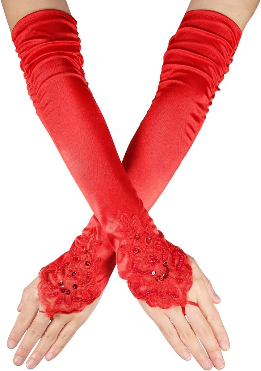 Elegante Lange Kanten Handschoenen zonder Vingers, Satijnen Elbow Length Handschoenen voor Bruiloft, Theeparty en Maskerade