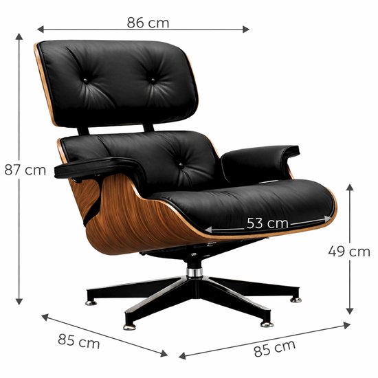 Zwarte leren fauteuil met houten accenten, met afmetingen: 87x86x85 cm.