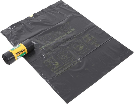 Zwarte vuilniszakken van KOMO, gemaakt van gerecycled plastic. De zakken hebben een trekband en zijn 60 liter.