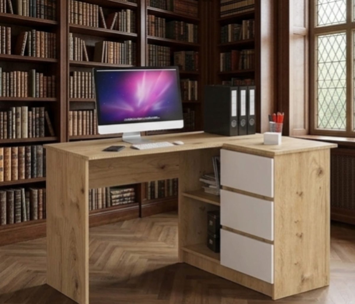 Hoekbureau L-vorm 124x77x48 cm Eiken Artisan/Wit met 3 Laden Rechts en 2 Planken – Modern Bureau met Opbergruimte, Computerbureau & Werktafel voor Thuiswerkplek – Urbanhome