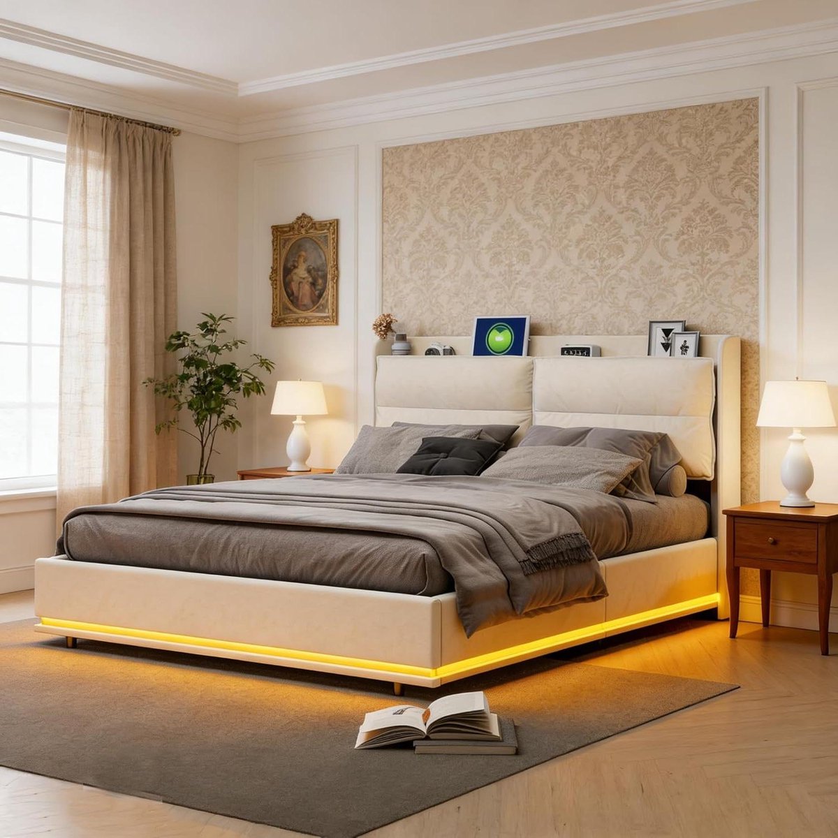 Tweepersoonsbed met Opbergruimte - Bedframe Gestoffeerd - Slaapkamer Inrichten - Geïntegreerd Draadloos Opladen - 140 x 200 cm - Beige