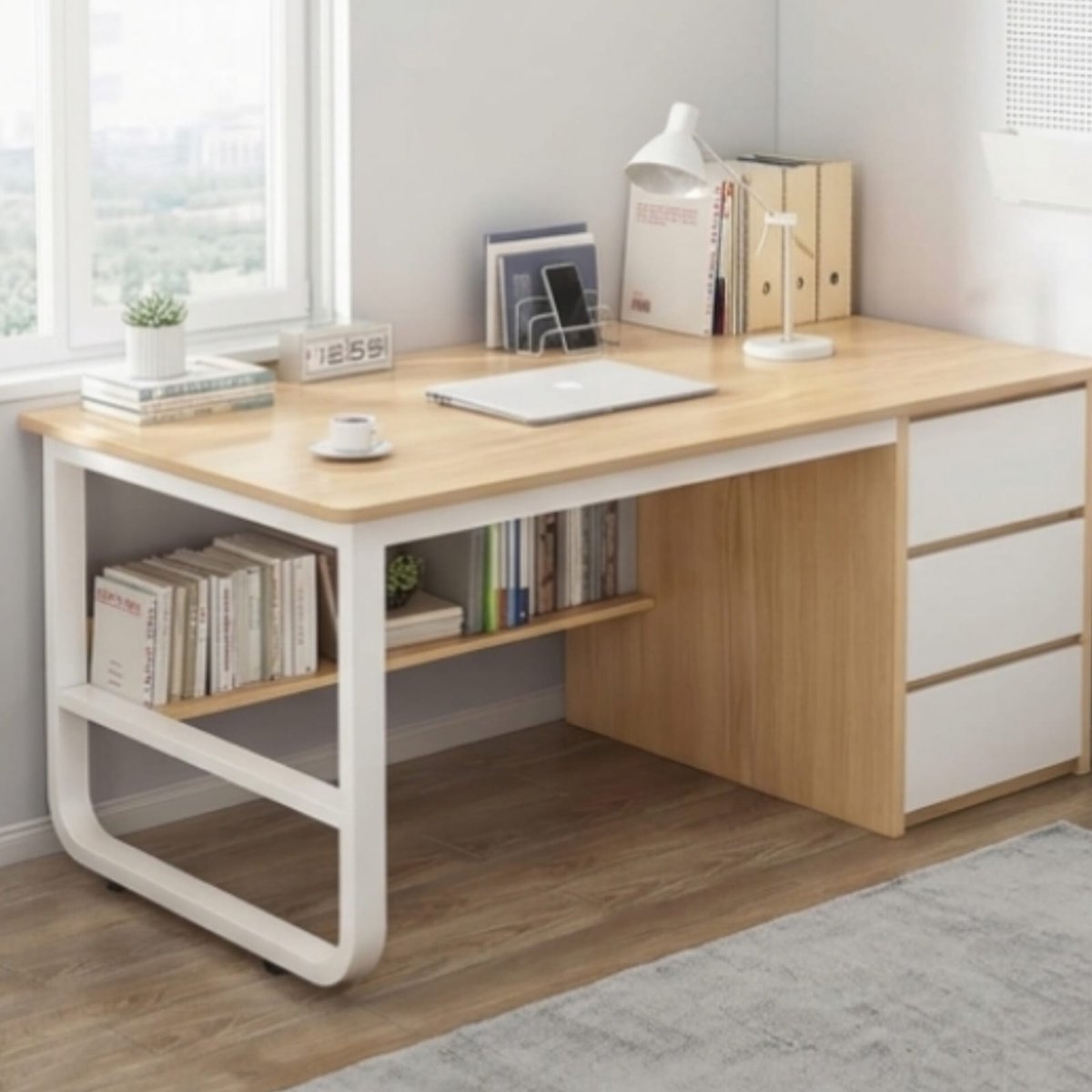 Hoekbureau met Boekenkast 120x48x75 cm – Modern Bureau met Laden en Opbergruimte, Werkbureau & Computertafel voor Thuiswerkplek en Slaapkamer – Urbanhome