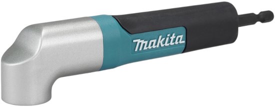 Zilverkleurige haakse bithouder met turquoise grip, zwarte achterkant en 'Makita' logo.
