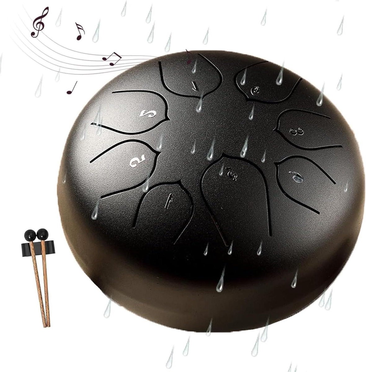 Regentrommel Tuin - Stalen Tongtrommel Regenmaker - Tuin Decoratie Muziek - Handgemaakt Staal 8 Tonen - 15 cm - Zwart