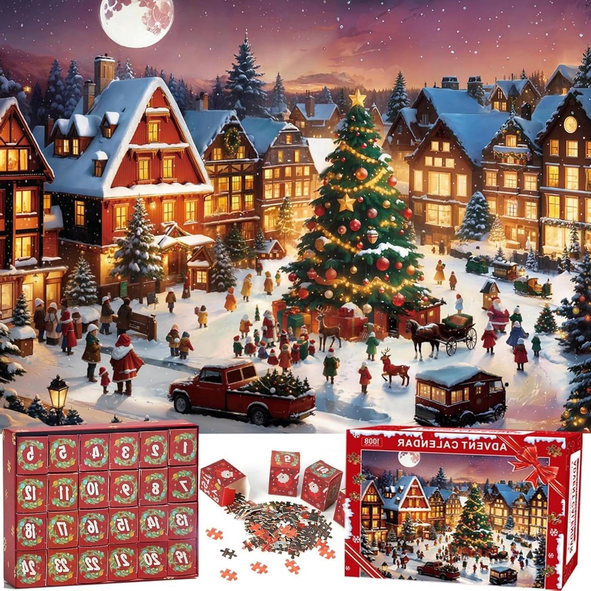 Adventskalender Puzzel - Kerst Puzzel - Kerst Aftellen - 1008 Stukjes - 70 x 50 cm - Rood