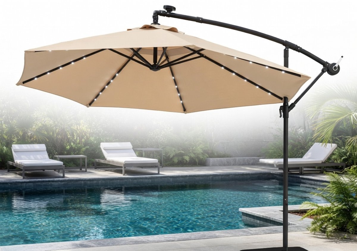 300 cm Zweefparasol met LED Solar Verlichting, Zandzakken & Zwengel – Windbestendige Luxe Tuin- en Terrasparasol met UV-bescherming en 8 Ribben (Beige) - Medahomestore