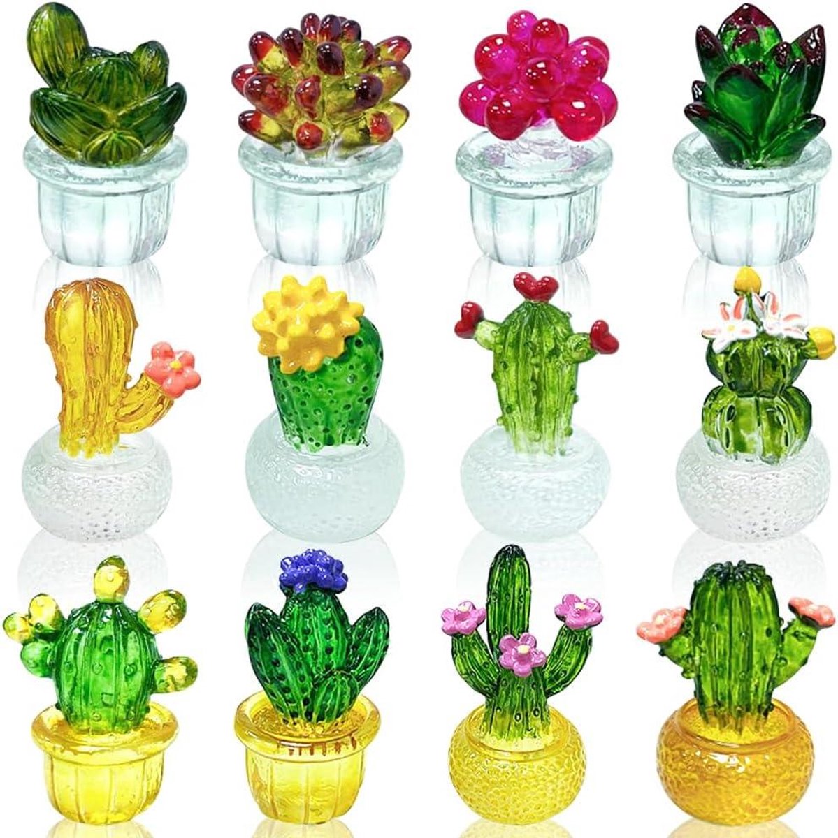 Miniatuur Cactus Figuurtjes - Hars Decoraties - Auto Dashboard Decoratie - Met Bloemen Versierd - 12 stuks - Groen