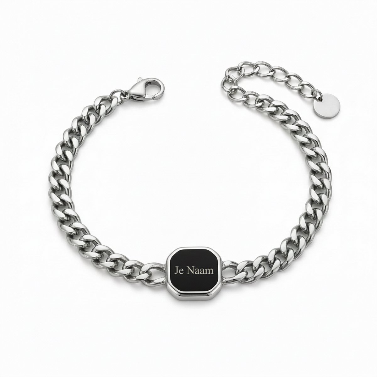 Armband met graveer, Armband met naam, Gepersonaliseerde schakelarmband met zwarte naamplaat – stijlvolle armband met gravure, Armband met naamplaatje ,graveerarmband