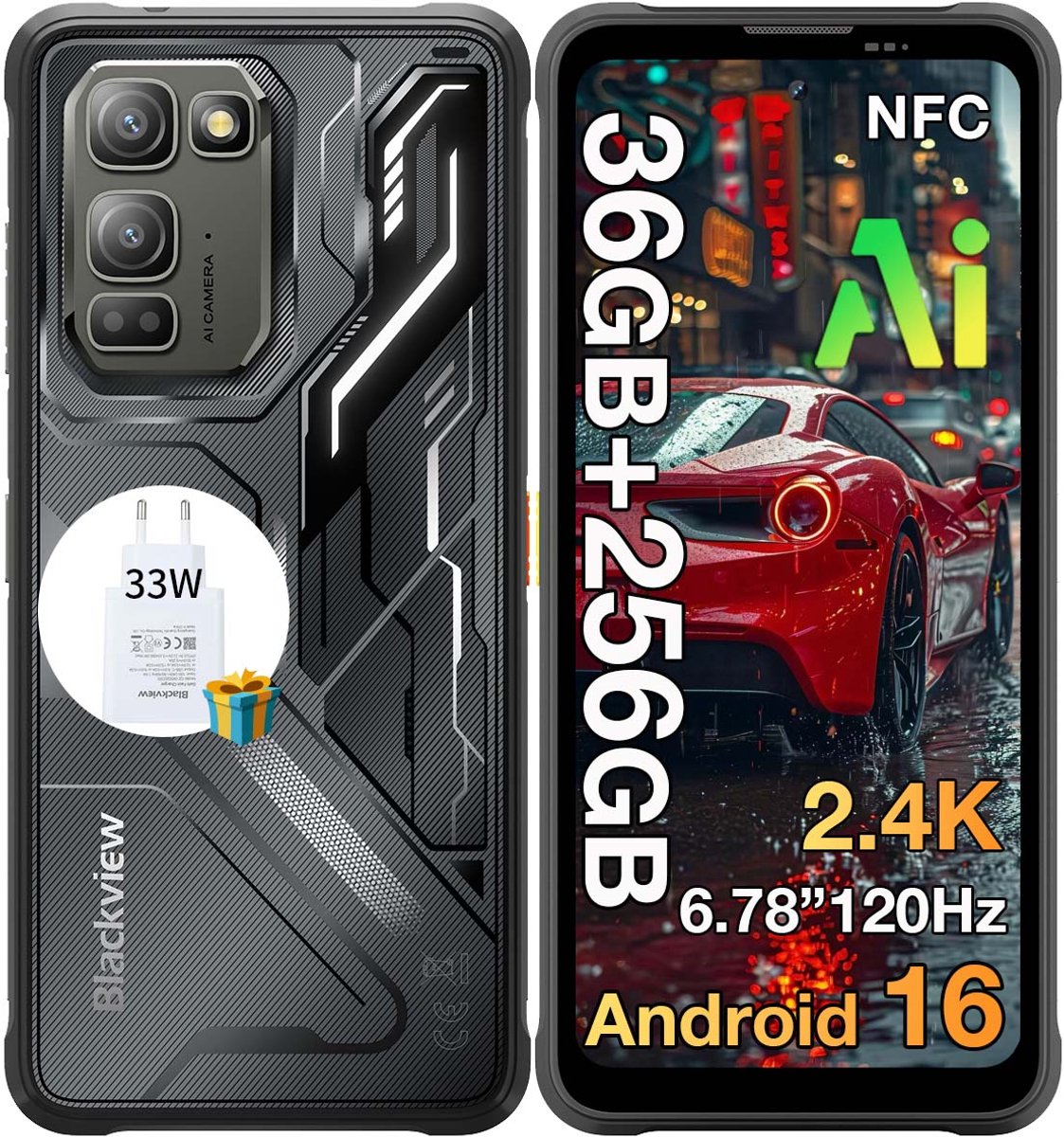 Blackview FORT 5 Robuuste Smartphone - 36GB RAM+256GB ROM - 5000 mAh Met 33W-adapter - 6,78 inch 120Hz - Android 16 - Dual SIM 4G - 108MP+50MP AI-Camera - Nachtzicht - IP68/IP69K Outdoor Telefoon - NFC GPS OTG FM - Zwart