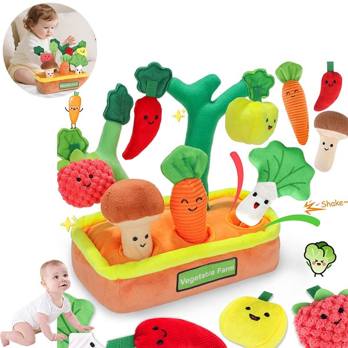 Baby Puzzel Speelgoed - Fruit En Groente Boerderij Pluisje Speelgoed Set - Sensorische Educatieve Speelgoed - Met Geluid - Baby Speelgoed Voor 6-12 Maanden (Groente)
