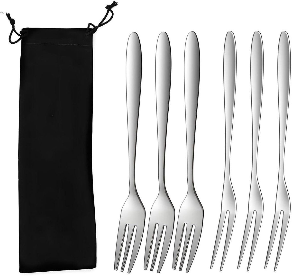 Set van 6 roestvrijstalen vorken met 1 opbergtas, ideaal voor fruit, desserts en bakkerijgebruik, keukenaccessoires
