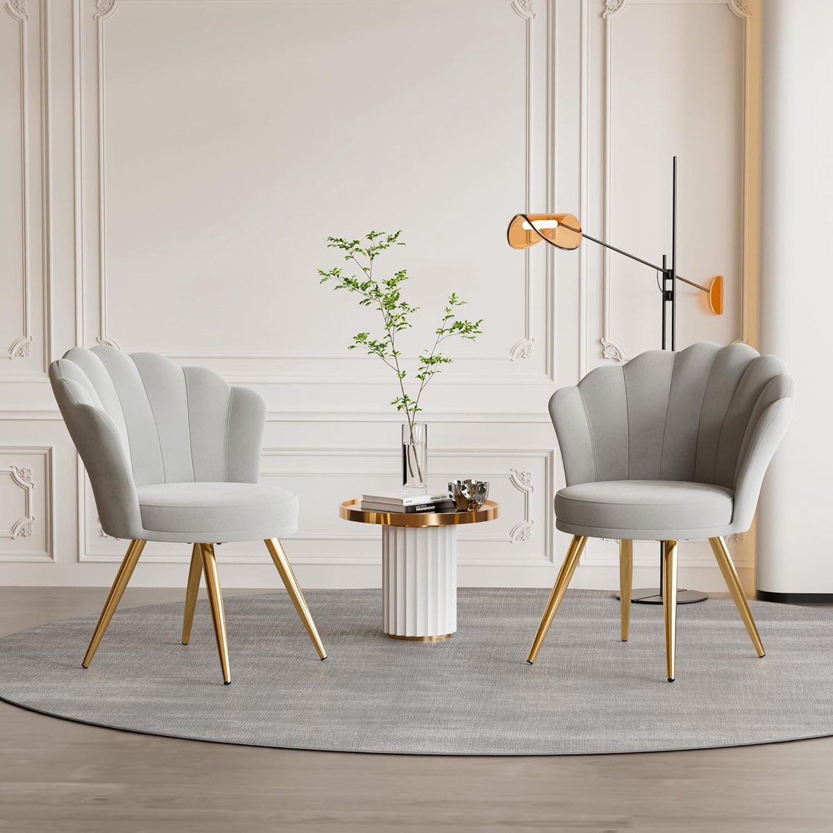 Eetkamerstoel Fluweel 76 cm – Luxe Schelpstoel met Gouden Metalen Poten en Ergonomische Rugleuning – Gestoffeerde Make-upstoel / Accentstoel Wit – Urbanhome