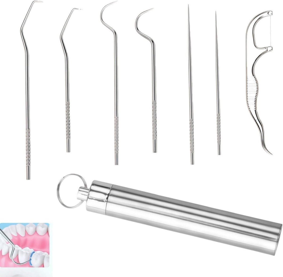 Roestvrijstalen Tandenstokers - Herbruikbare Mondhygiëne - Tanden Reinigen Onderweg - Duurzaam Metaal Alternatief - 7 Stuks Set - Zilver
