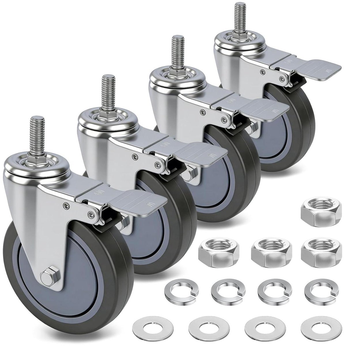 Zwenkwielen met rem - Vergrendelbare wielen - Materiaal verplaatsen - Dubbel vergrendelingsmechanisme - 5 inch wiel 1/2"-13x15" - Grijs