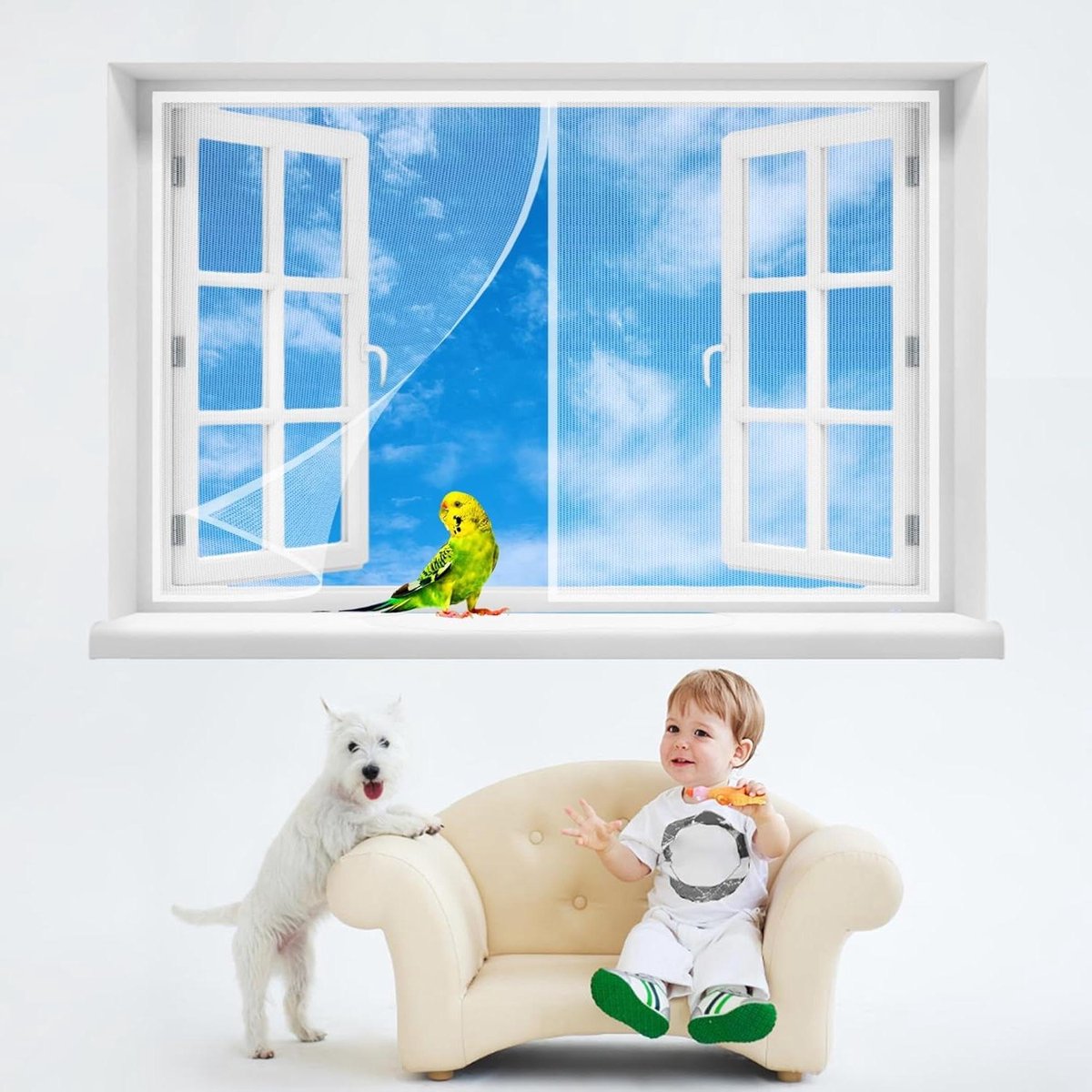 Huisdier evacuatie deur - Horren deur vliegengordijn - Insecten buiten houden - Zelfdichtend magnetisch sluitingssysteem - 140x125 cm - Wit