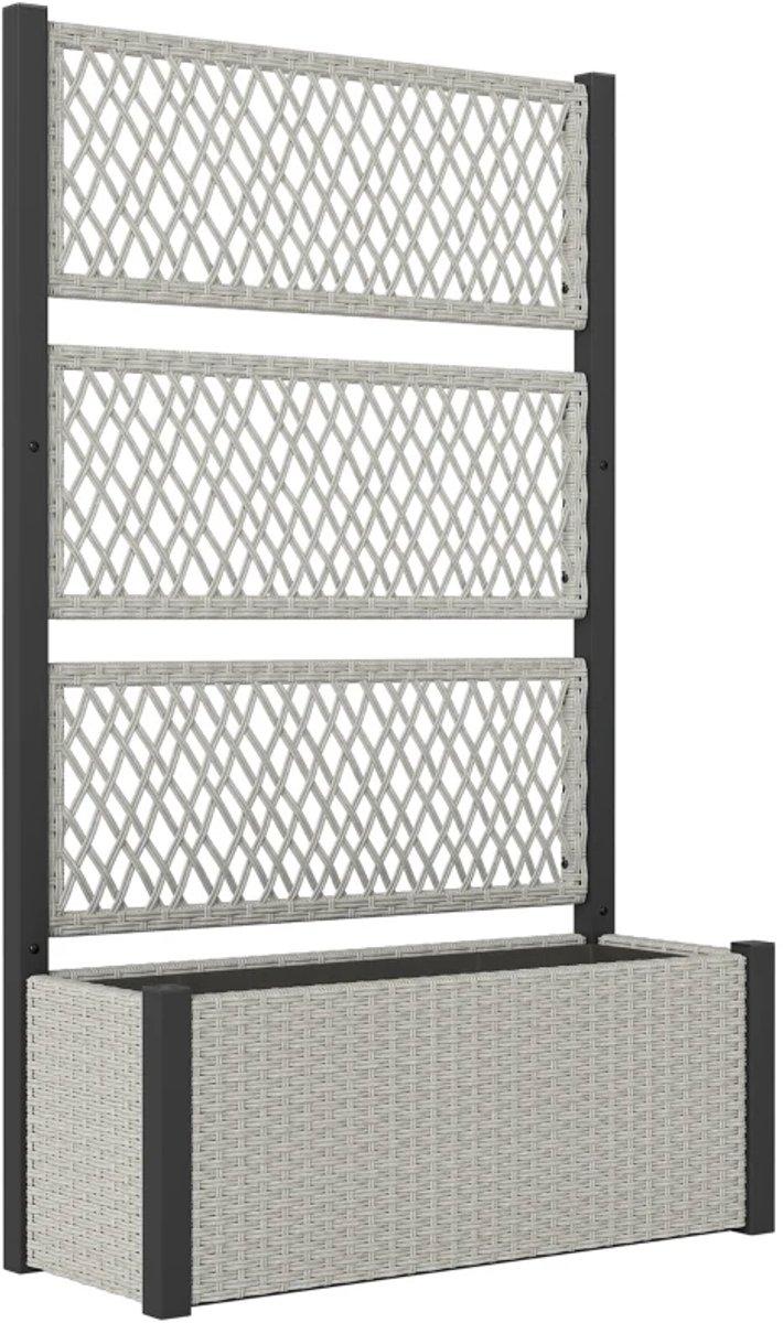 Plantenbak met Klimrek in Rotanlook - Bloembak met Klimhulp - Tuinrek - Tuinbed - Plantenrek - voor Bloemen, Fruit, Groenten & Kruiden - 90 x 35 x 148 cm - Grijs