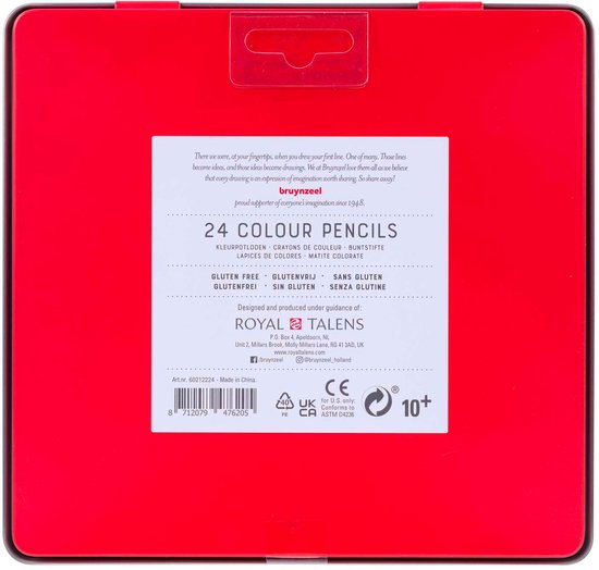 Blikken etui met 24 kleurpotloden van Bruynzeel, met de tekst '24 COLOUR PENCILS' en 'ROYAL TALENS'.