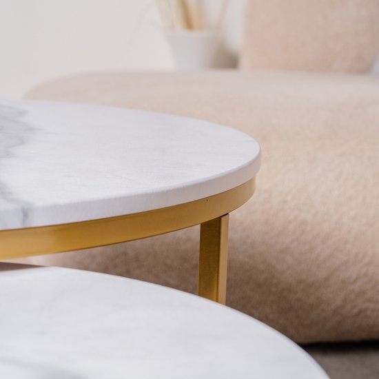 Set de tables basses de Luxe TUUSO® – Aspect marbre Wit avec structure dorée – Tables rondes Ø70 + Ø50 – 2 pièces coulissantes – Design industriel et moderne – Table d'appoint pour salon