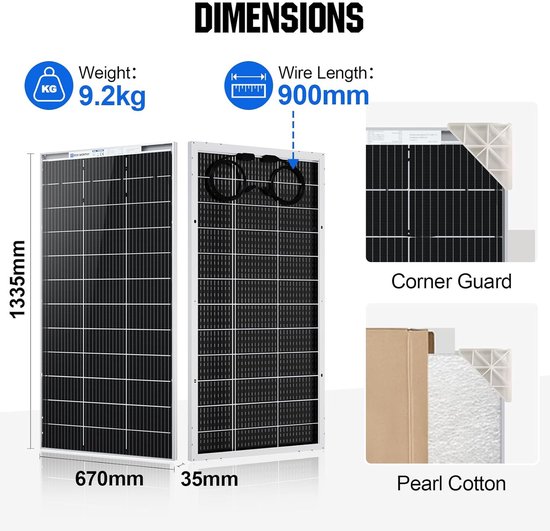 Afmetingen zonnepaneel: 1335x670x35mm, gewicht 9.2kg, draadlengte 900mm. Inclusief hoekbescherming en parelkatoen.