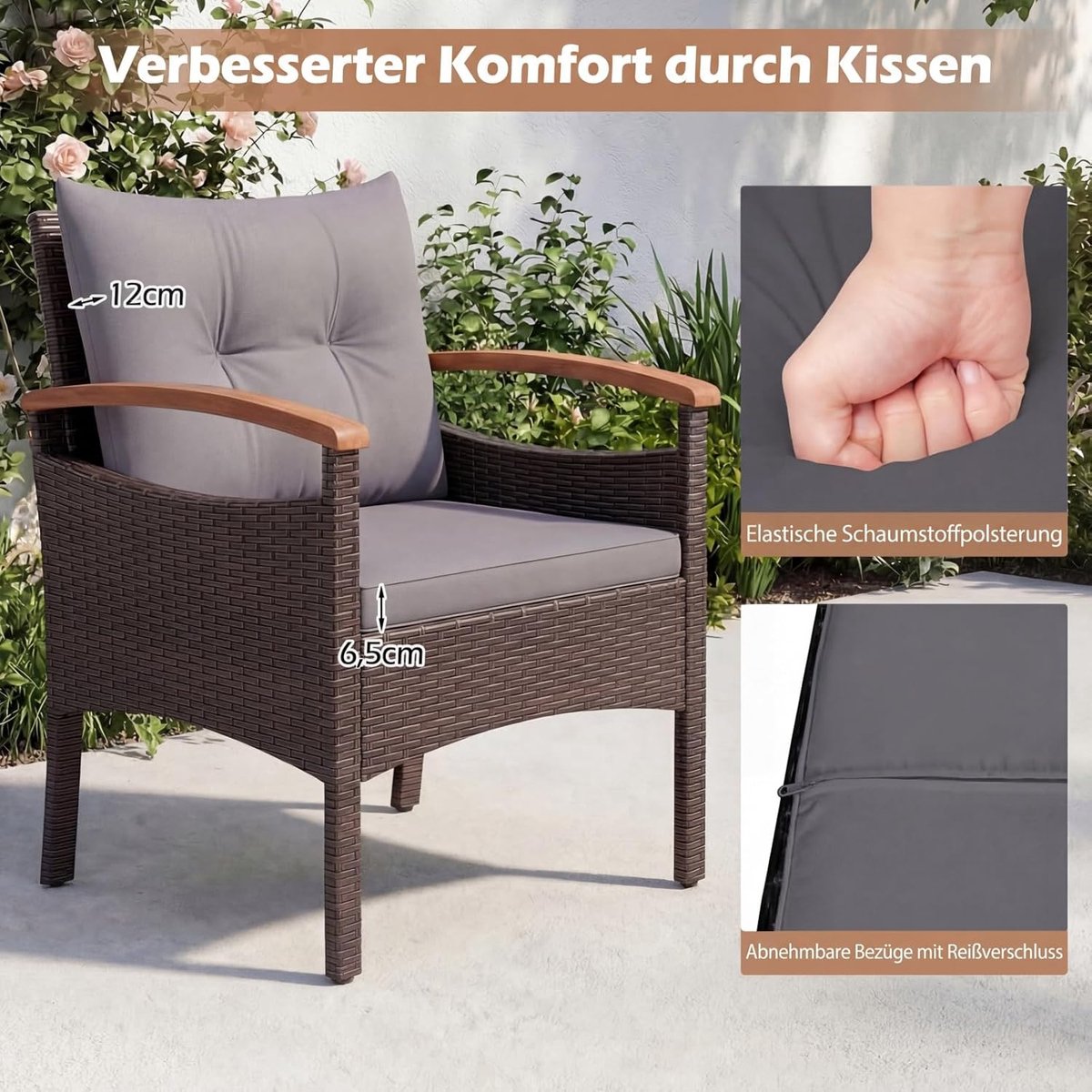 Tuinmeubelset 5-delig 60,5 x 60 x 73 cm – Luxe PE Rotan Loungeset met Acaciahout, Inclusief Kussens & 3-in-1 Voetenbanken – Weerbestendig Grijs – Nicolehome