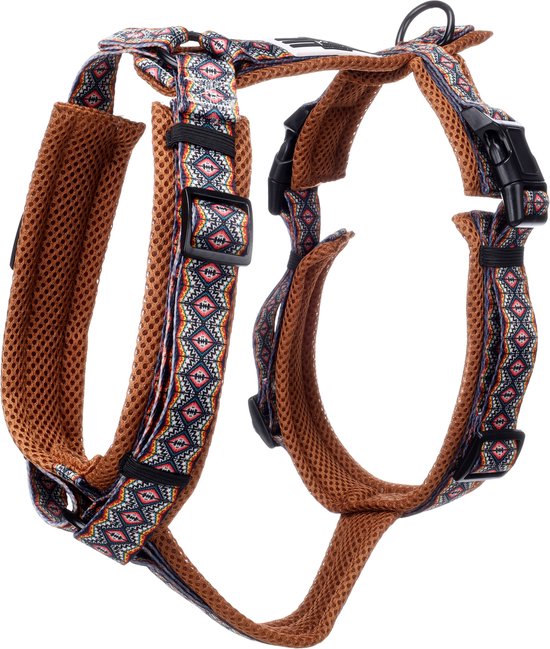 Bruin Y-harnas met etno-patroon in blauw, rood en geel. Mesh voering.