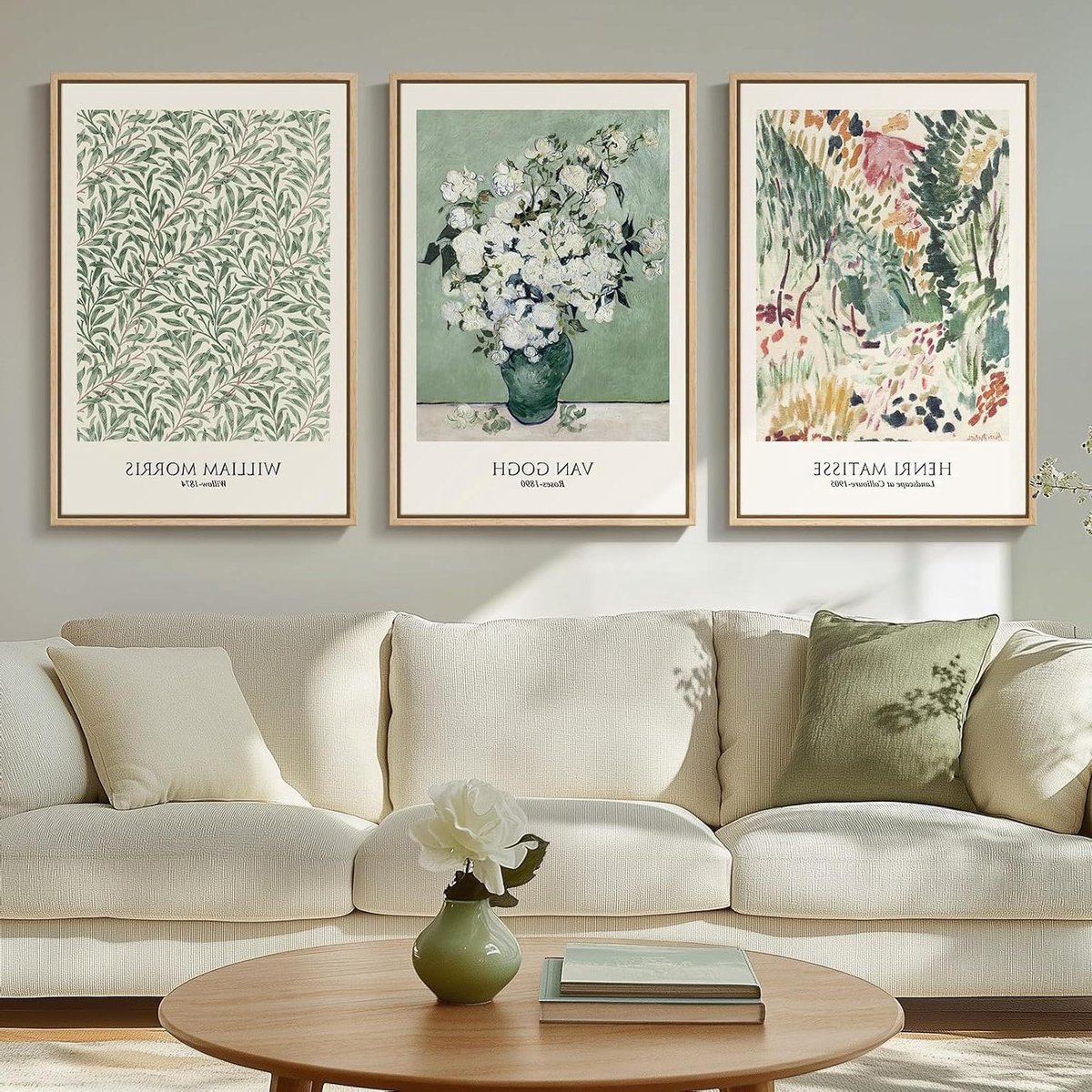 Set Muurkunst - Canvas Prints Botanisch - Wanddecoratie Woonkamer - Ingelijste Vintage Stijl - 76 x 152 cm - Saliegroen