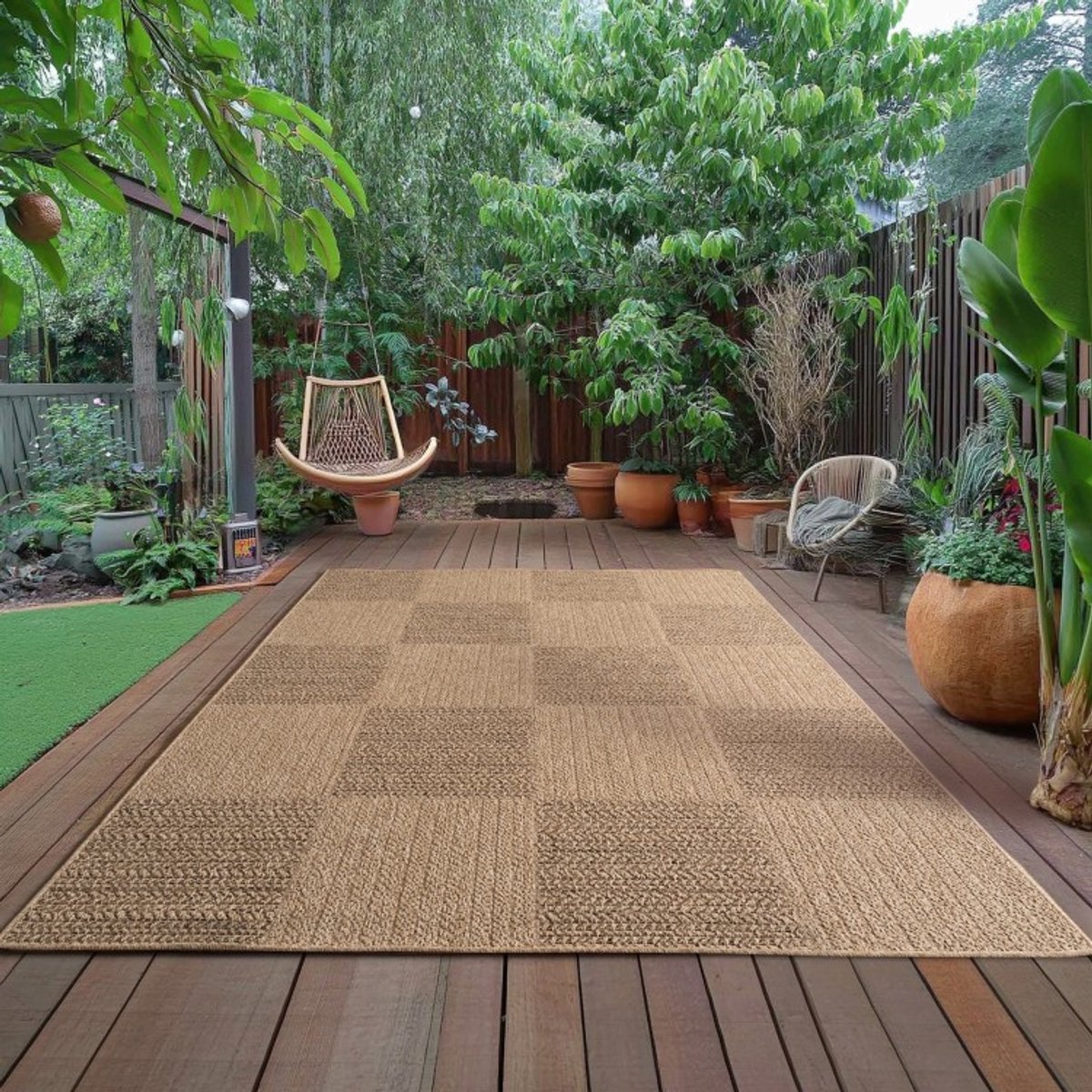 Buitenkleed, beige van kleur, gemaakt van jute, voor woonkamer en keuken, UV-bestendig, platgeweven. 80x250 cm