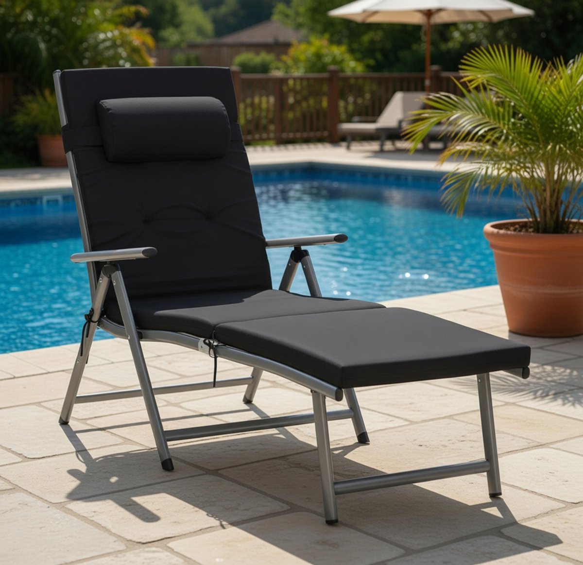 Ligstoel inklapbaar 180 x 60 x 39 cm – Premium Comfort XL 7-standen verstelbare ligstoel met 6 cm matras, afneembaar hoofdkussen, ademend textilene, aluminium frame, 150 kg draagkracht, tuin- en camping ligbed – Nicolehome