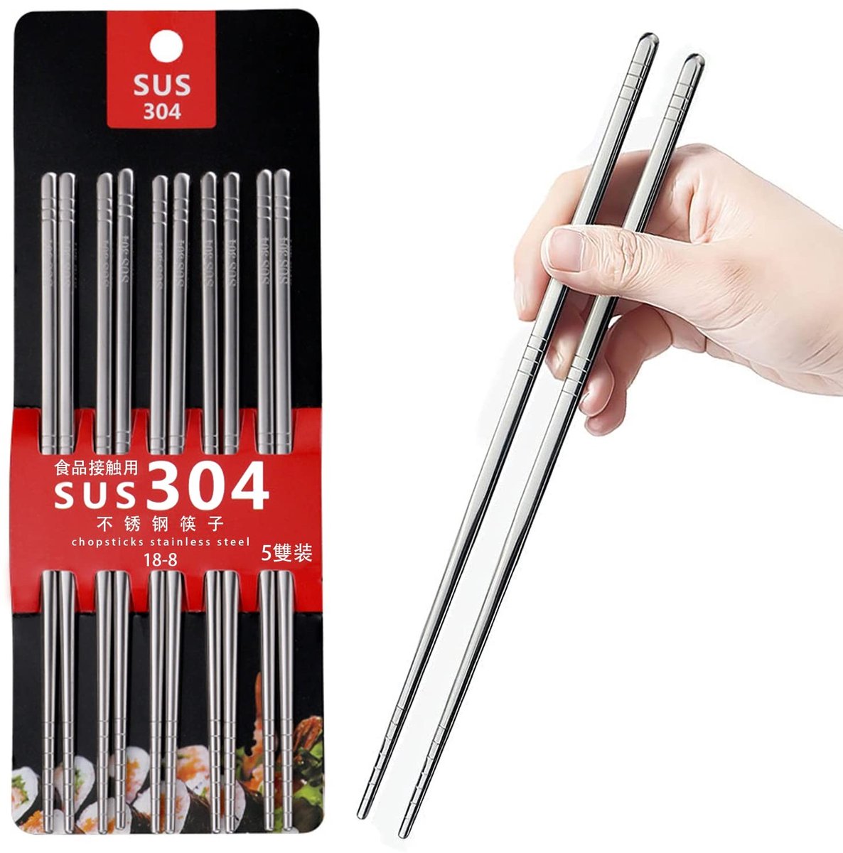 aladdien - Eetstokjes - Roestvrij staal - Duurzaam en vaatwasmachinebestendig - Zilver - Herbruikbaar - Ideaal voor sushi en Aziatische gerechten - ..
