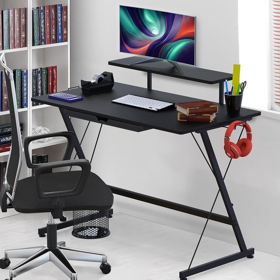 Gaming Bureau - Computer Tafel - Thuiswerken Kantoor - Met Monitorplank Lade Haken - 40 Inch - Zwart Hout van Merkloos — afbeelding 2