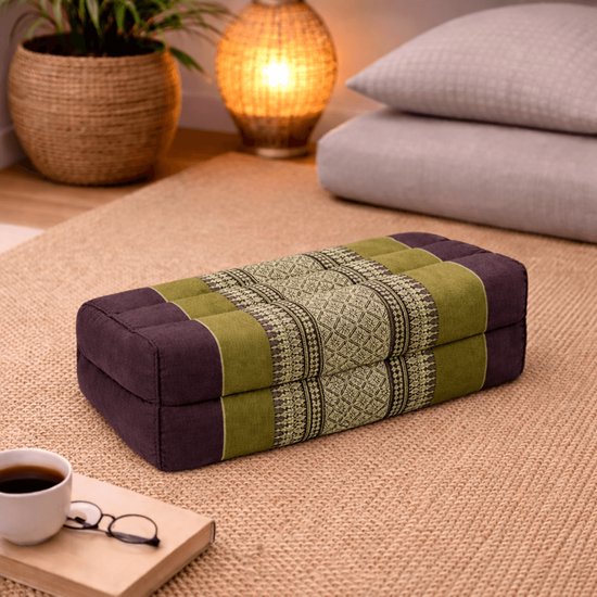 Yoga blok - Traditionele Thaise Kapok Yoga Ondersteuning Blok Kussen - Meditatie Kussen rechthoek - 35x15x10cm - Groen/bruin van Oskab. — afbeelding 3
