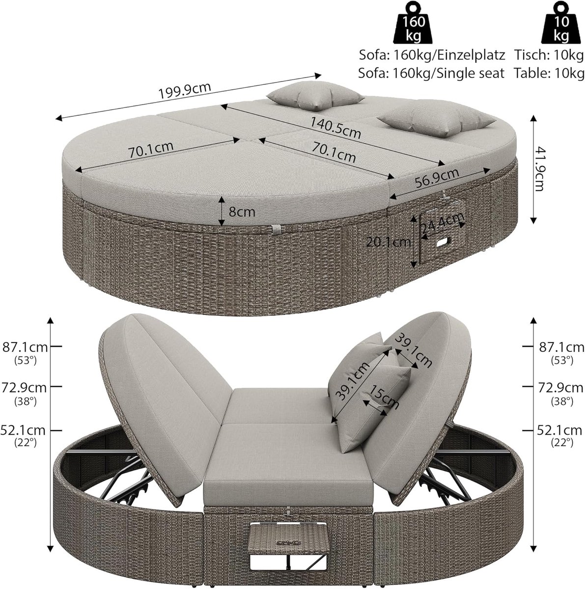 Zonnebed 2 Personen Rotan met Verstelbare Rugleuning – ABTkantoor Luxe Duo Lounge Ligbed – Outdoor Weerbestendige Tuinbank & Ligstoel met Kussens – Groot Tuinmeubel voor Terras, Balkon en Tuin – Grijs B