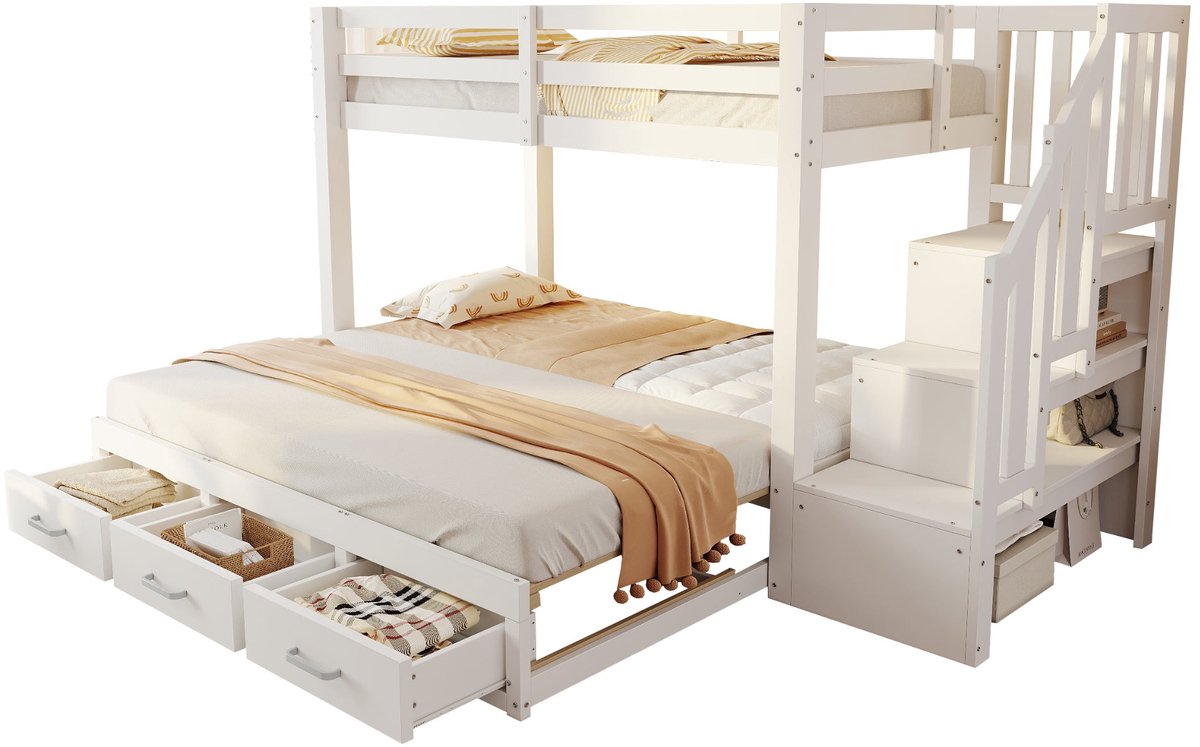 Merax Stapelbed 90x200 cm - Uitschuifbaar Bed 90/180x190 cm - Bed met Opbergruimte - Houten Lattenbodem - Hout - Wit
