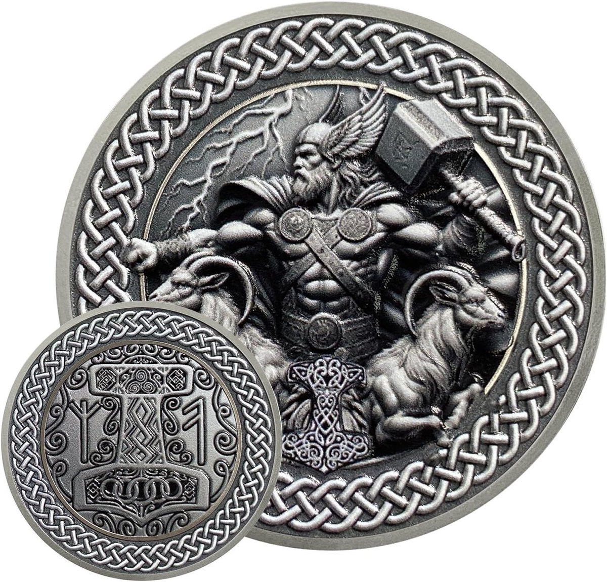 Viking Thor Munt - Challenge Coin - Verzamelen Decoratie - Dubbelzijdig Design - 4 cm Diameter - Antiek Zilver