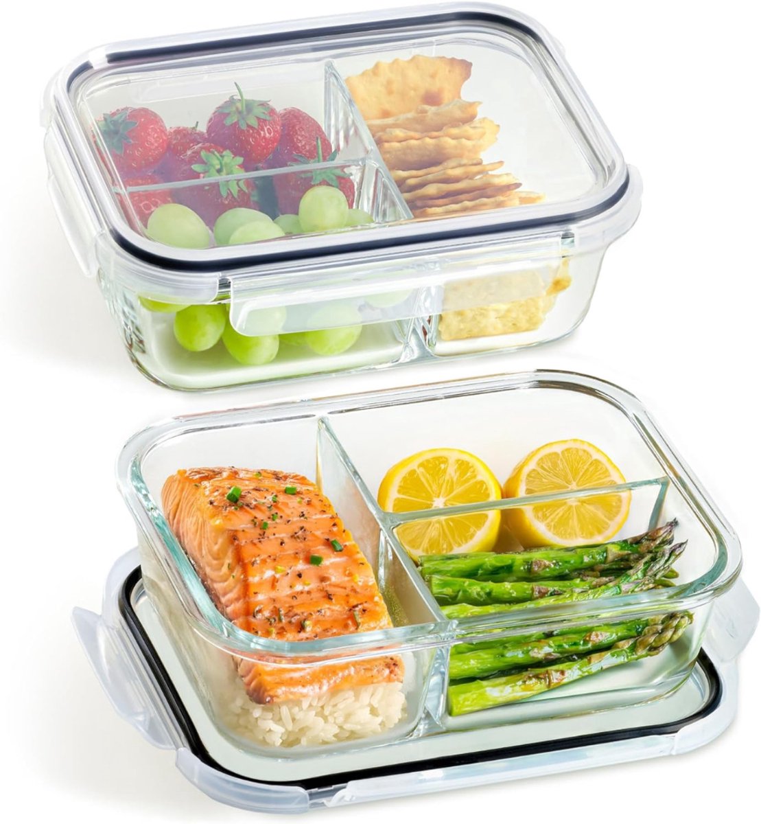 Core® Meal Prep Bakjes Glas - vershoudbakjes glas - mealprep bakjes Glas - Set van 2 Glazen Maaltijdbereidingsdozen 1l - Geschikt voor vriezer en magnetron - Transparant - 20cm x 15cm x 7cm