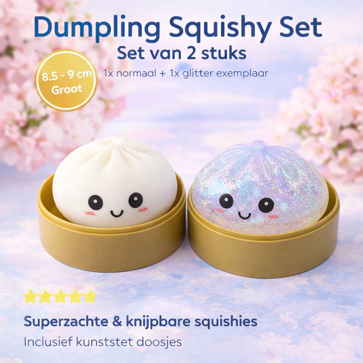 Happy Trendz® Mega Dumpling Set – 2 Stuks Squishy Bun ( 1 normaal + 1 Glitter model ) 8cm Groot – Anti Stress Fidget Speelgoed – Slow Rise – Cadeau voor Kinderen & Volwassenen