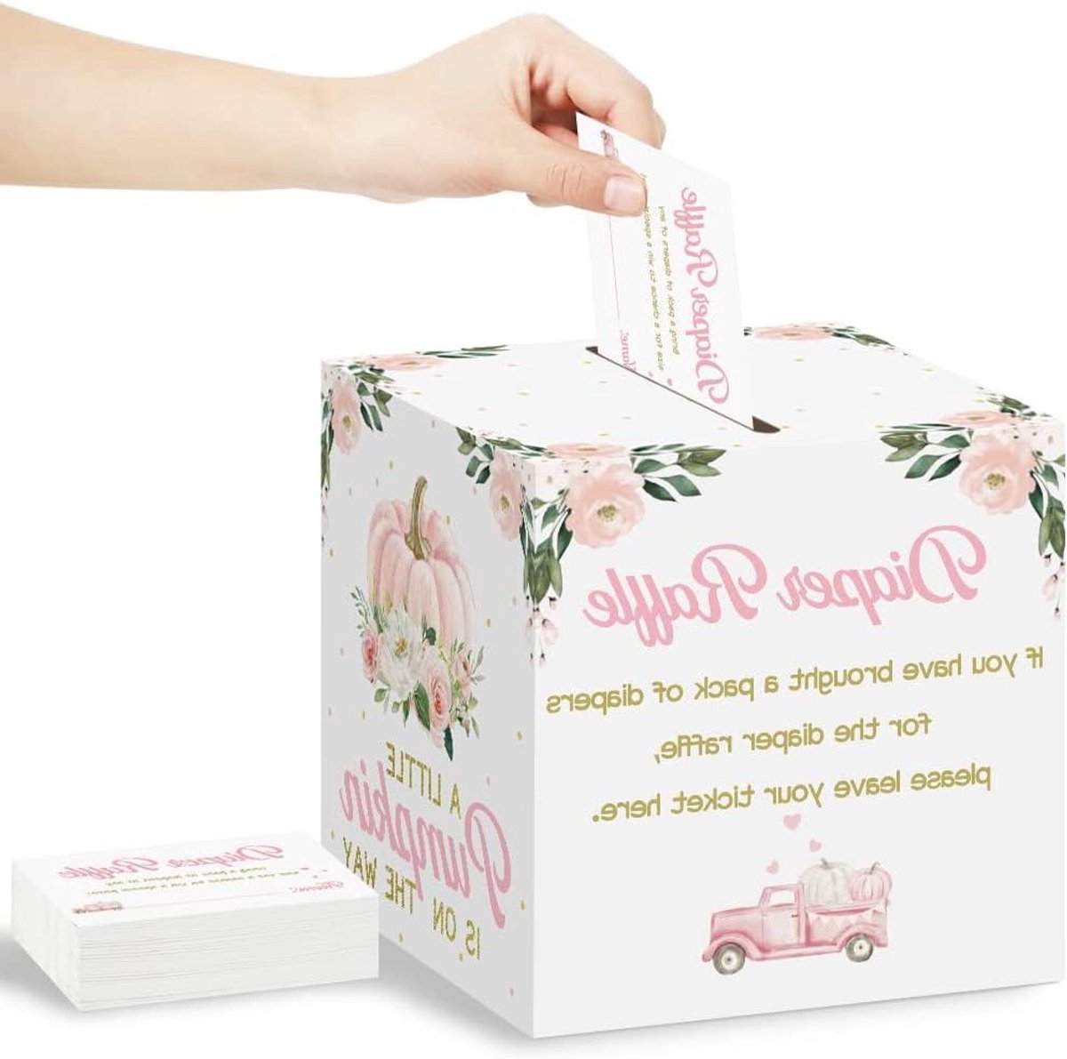 Luier Loterij Kaartdoos - Babyshower Spel - Babyborrel Games - Herfst Bloemen Pompoen - 50 Tickets - Roze