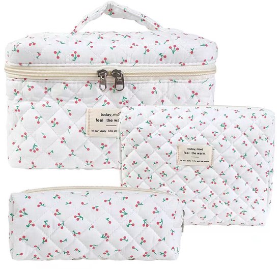 Set van 3 Make-up Tasjes Gewatteerd Bloemen Katoen – Grote Capaciteit Esthetische Cosmetische Tas & Toilettas voor Vrouwen – Reistas Organizer met Ritssluiting -Kleine kers, 3-delige set [groot + middel + klein]