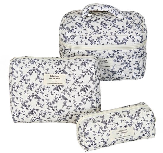 Set van 3 Make-up Tasjes Gewatteerd Bloemen Katoen – Grote Capaciteit Esthetische Cosmetische Tas & Toilettas voor Vrouwen – Reistas Organizer met Ritssluiting -Wit met zwarte bloemen, 3-delige set [Groot + Middel + Klein]