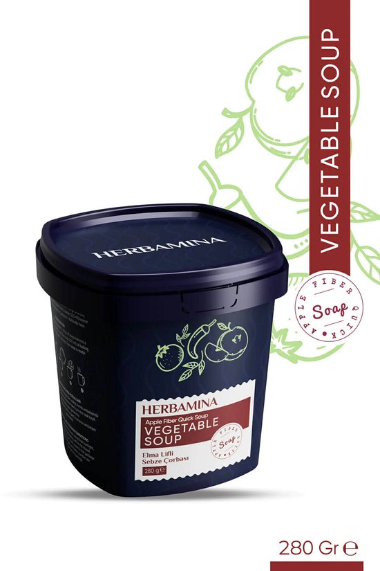 Donkerblauwe pot met "HERBAMINA VEGETABLE SOUP" erop. Met illustraties van groenten en appels. 280 gr.