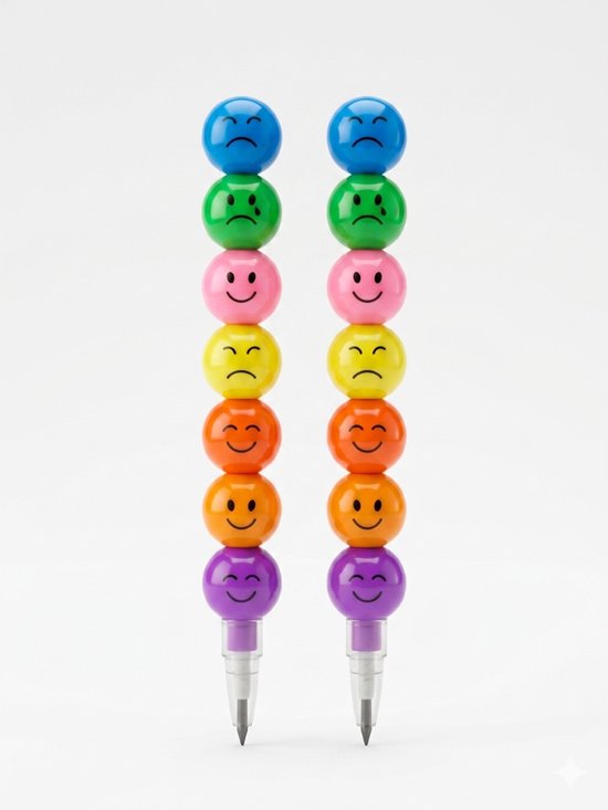 Twee potloden met stapelbare, kleurrijke emoji-kralen in paars, oranje, geel, roze, groen en blauw.